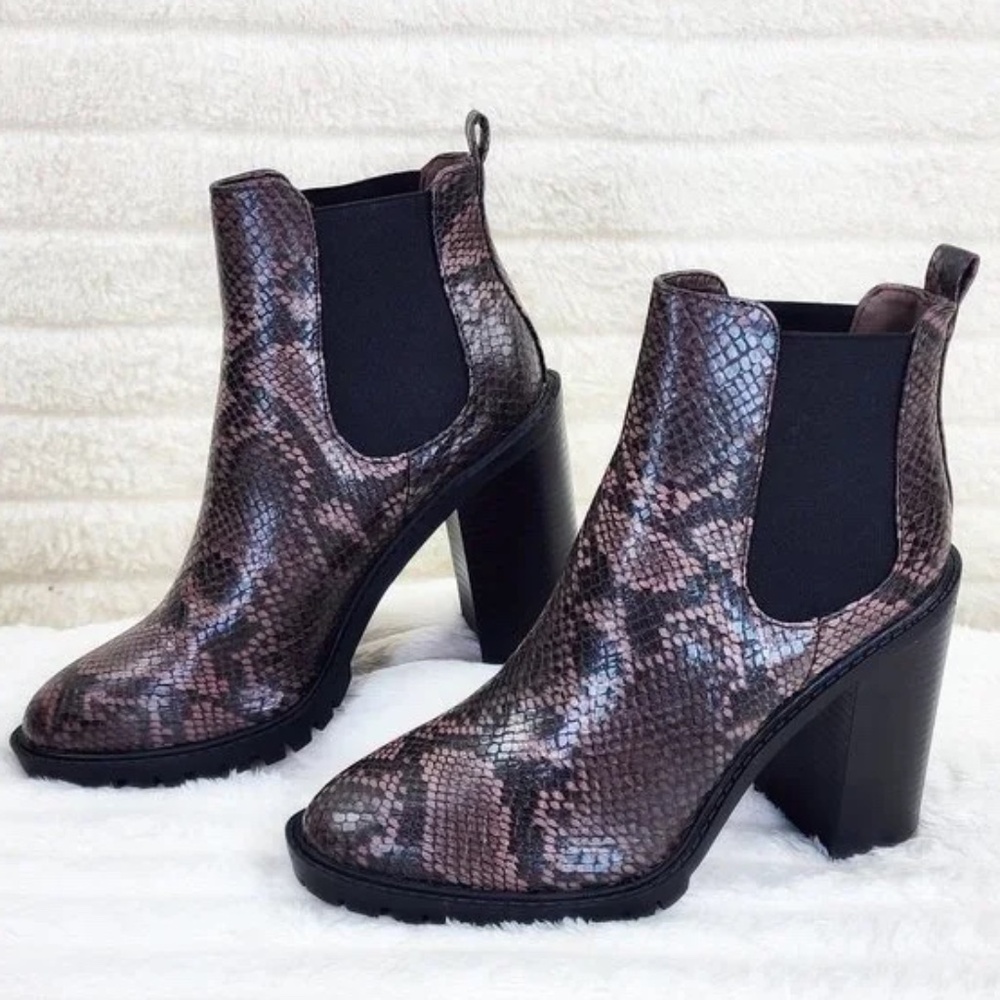 *So Me  Brown Snake Print 4.25" Stacked Block Heel Slip On Ankle Boots